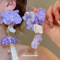 Purple Fabric Flower Butterfly Drop Earrings with Reflective Details view 1