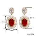 Red Oval Halo Two-Tier Long Drop Earrings In Gold Tone view 5