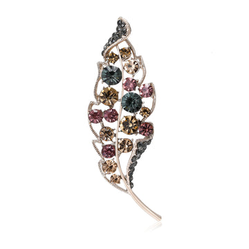 Curved Crystal Feather Brooch with Multicolor Stones