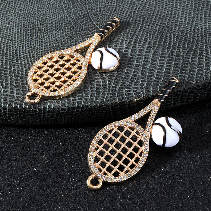 Rhinestone Tennis Racket Charm Pendant Gold Tone With Enamel Ball