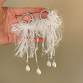 Silver Tone Feather and Crystal Cluster Statement Earrings view 1