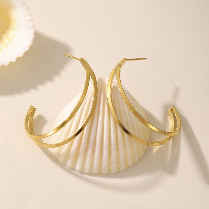 Geometric C Stud Earrings Double Line and Solid Gold Steel
