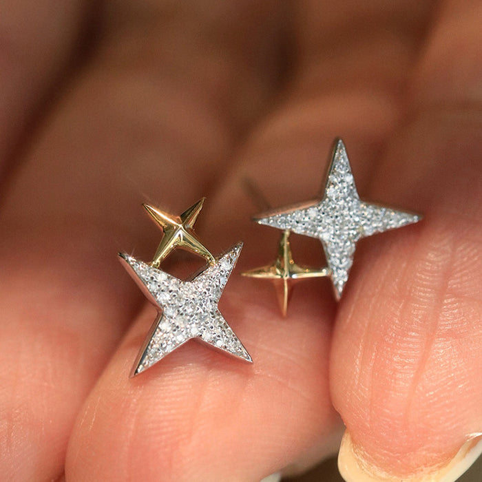 Two Tone Silver Gold Pavé Double Star Stud Earrings