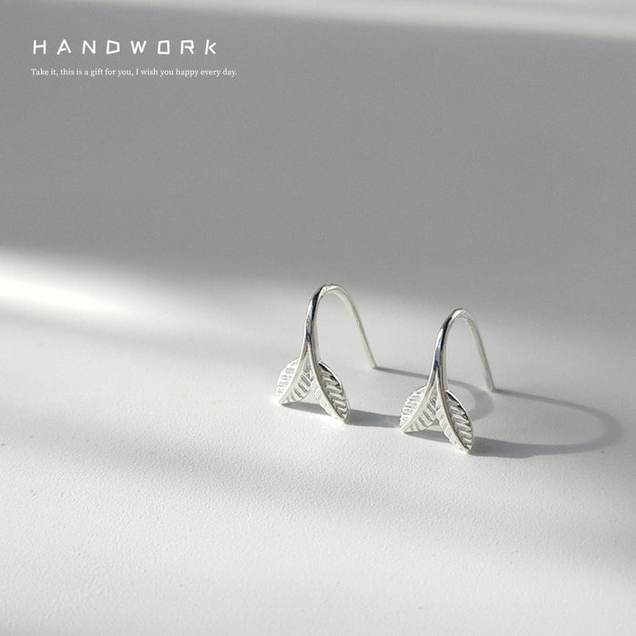 Silver Mini Double Leaf Curved Hook Earrings Vein Texture