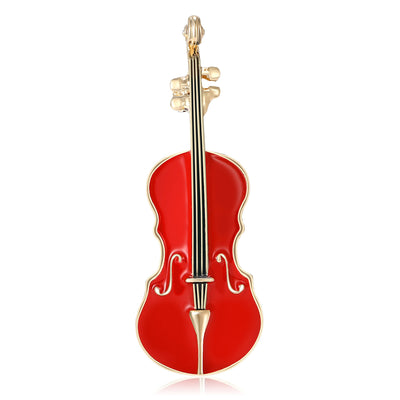 Red enamel violin brooch with gold-tone frame upright front view