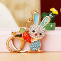 Jeweled Rabbit Holding a Carrot Keychains in Pink Red and Blue view 2