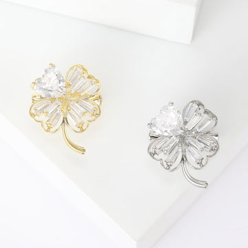 Four Leaf Clover Brooch Heart Crystal Gold Or Silver