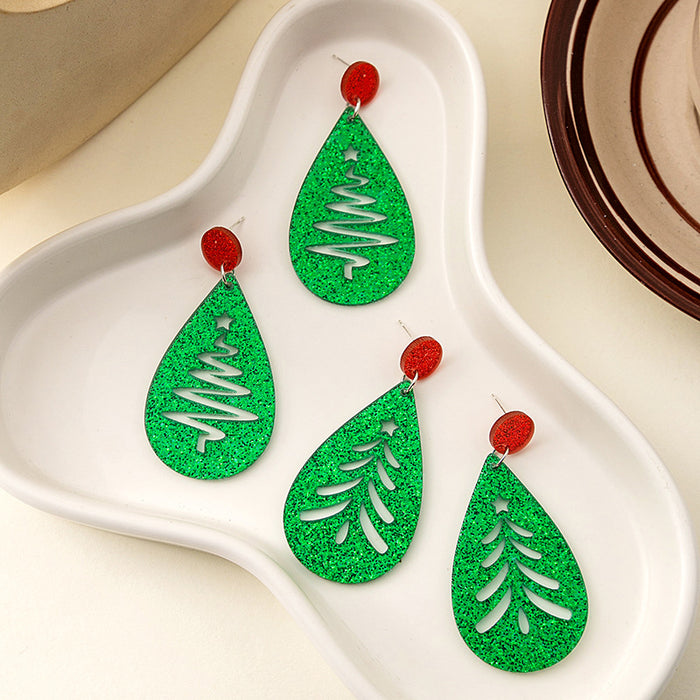 Green Glitter Christmas Tree Teardrop Earrings Red Posts