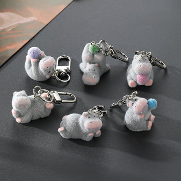 Flocked Gray Hippo Keychains Six Poses Ball Accents