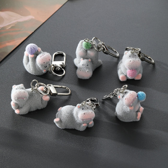 Flocked Gray Hippo Keychains Six Poses Ball Accents