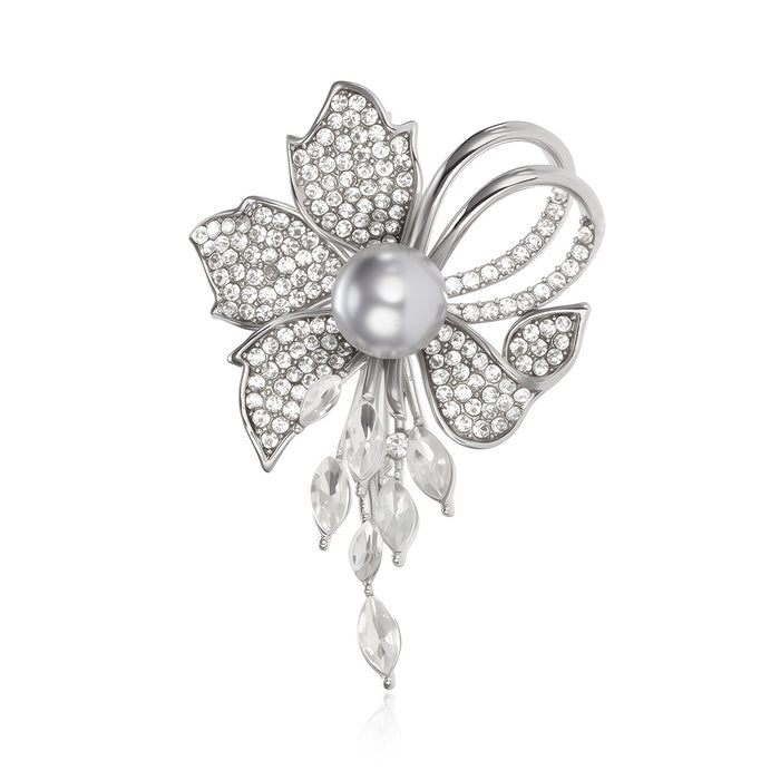 Flower Crystal Pearl Look Two Designs Metal Brooch Pin 6 x 4 cm