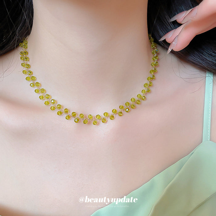 Translucent Green Crystal Bead Necklace with Gold Tone Clasp