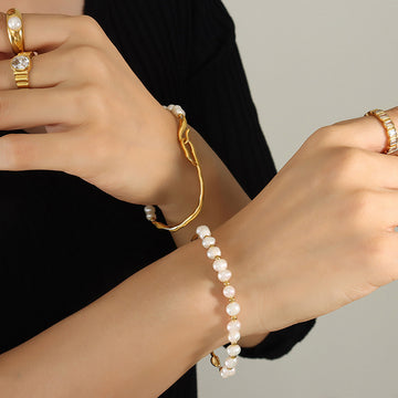 Freshwater Pearl Bracelet Organic Bar Hook Clasp Gold Steel