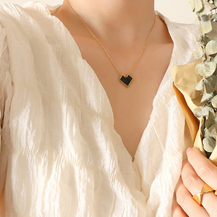 Black Crystal Heart Pendant Necklace Gold Steel Metal Frame