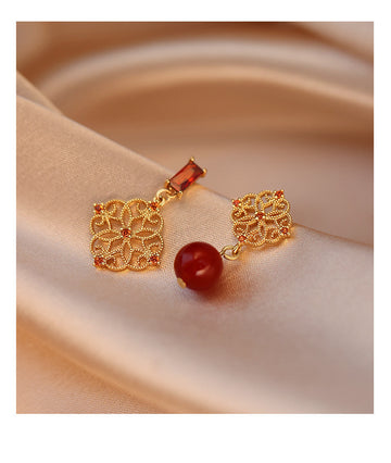 Gold Orange Crystal Filigree Pearl Stud Earrings Statement Jewelry