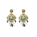 Gold Tone Blue Cabochon And Teardrop Chandelier Earrings view 5