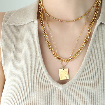 Gold Steel Abstract Body Square Pendant Chain Necklaces