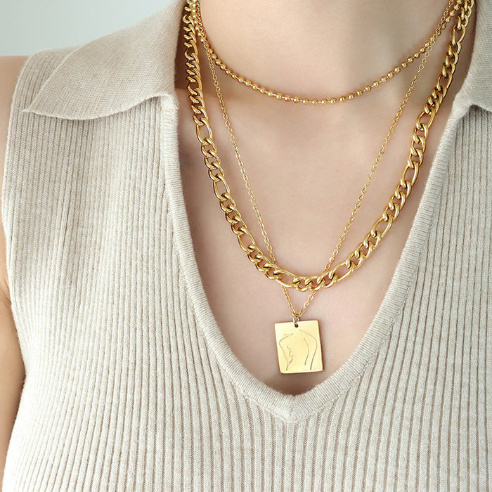 Gold Steel Abstract Body Square Pendant Chain Necklaces