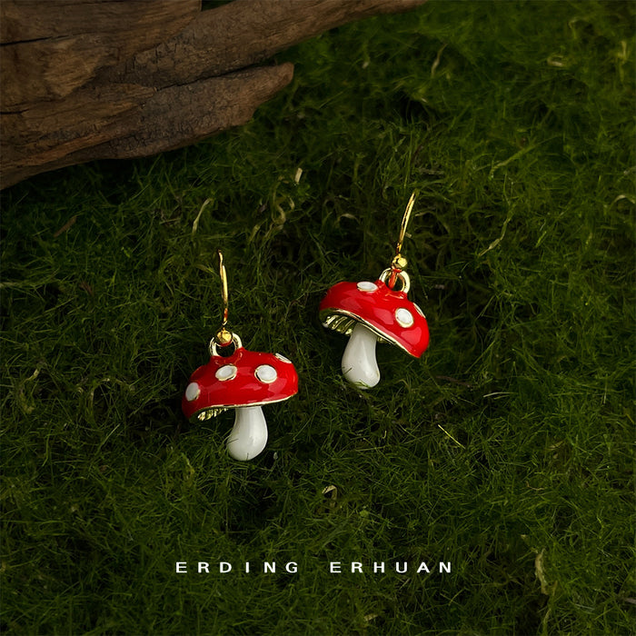 Gold Tone Red White Dot Mushroom Hook Earrings For Women