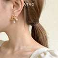 Gold Tone Bird Leaf Branch And Clear Flower Stud Earrings view 2