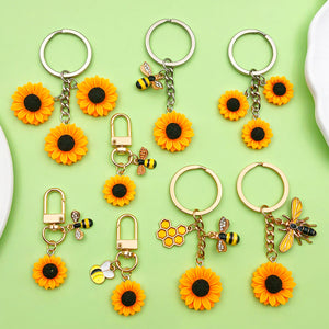 Bee, Honeycomb and Sunflower Charm Keychains in Enamel and Alloy