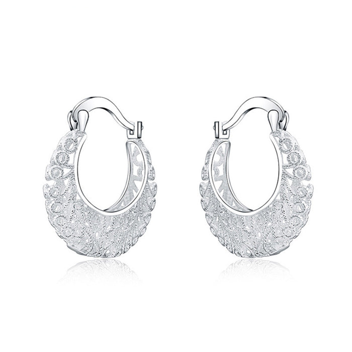 Silver Tone Filigree Lace Openwork Hoop Earrings Pair