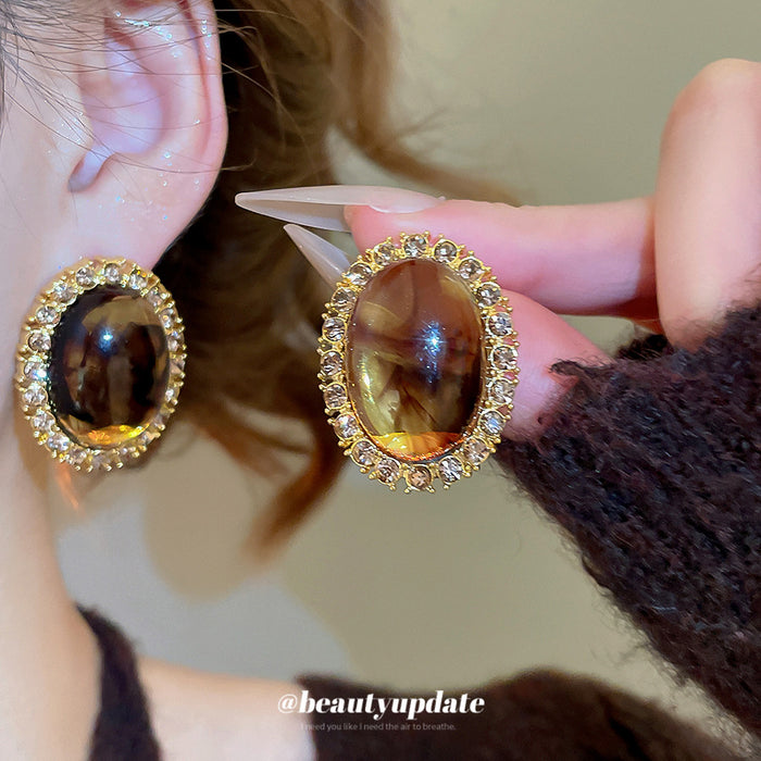 Amber Brown Oval Resin Stud Earrings with Crystal Borders