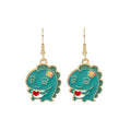 Teal Enamel Dinosaur Hook Earrings Red Heart Flower view 5