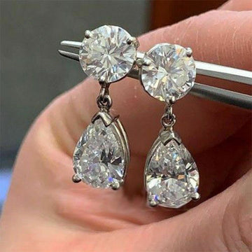 Silver Round and Pear Drop Clear CZ Dangle Earrings Pair