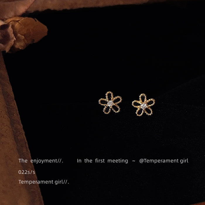 Gold Tone Open Five Petal Flower Mini Stud Earrings For Women
