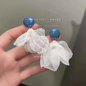Blue Round Stud Earrings with a White Sheer Mesh Flower Drop