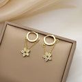 Gold Tone Double Chain and Clear Flower Hoop Earrings view 2