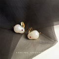 White Rabbit Stud Earrings Gold Ears Red Eye Accents view 1