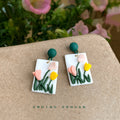 Polymer Clay White Tulip Rectangle Drop Earrings Green Stud view 1