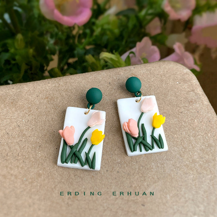 Polymer Clay White Tulip Rectangle Drop Earrings Green Stud