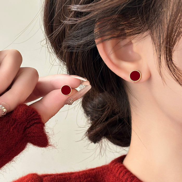 Burgundy Round Stud Earrings with Gold Tone Frames