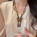 Colorful Bead Bronze Butterfly Pendant Cord Necklace view 3