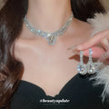 Silver Rhinestone Multi Row Necklace Teardrop Earrings Set view 2