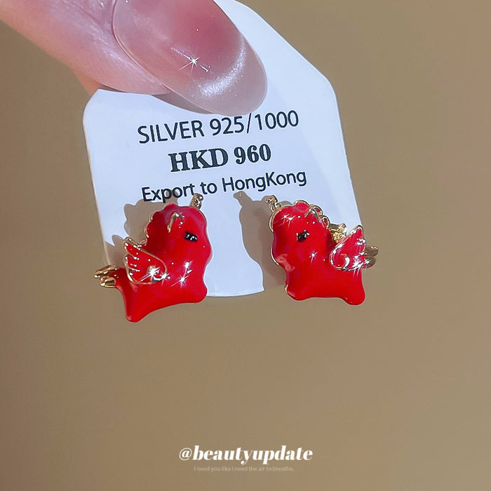 Red Enamel Horse Stud Earrings with Gold Tone Mane Details