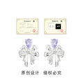 Silver Bow Stud Earrings Purple Teardrop Clear Accents view 3