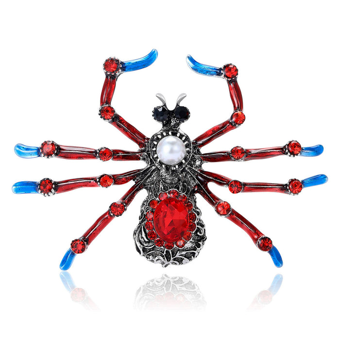 Antique Silver Spider Brooch With Red Legs and Blue Feet