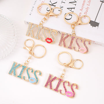 Rhinestone Kiss Letter Keychain Metal Lips Pendant Charm