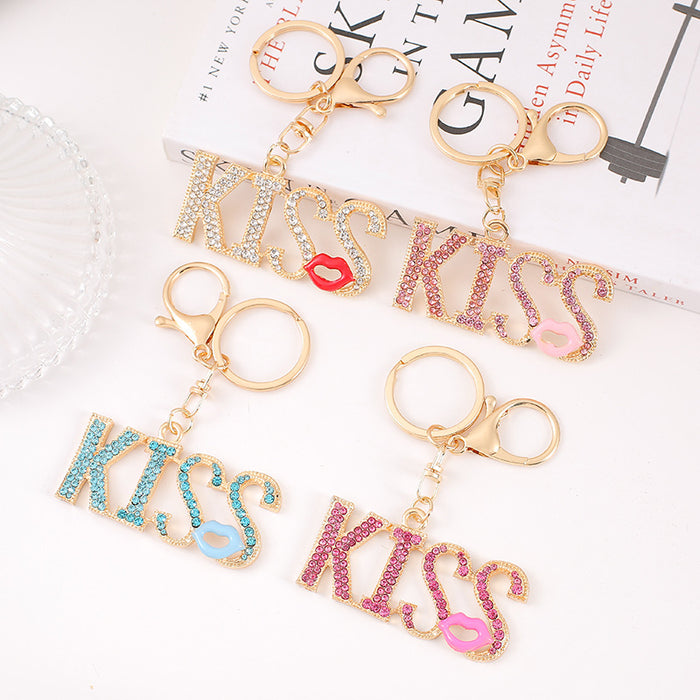 Rhinestone Kiss Letter Keychain Metal Lips Pendant Charm