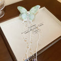 Green Pink Or Blue Sheer Butterfly Hair Clip With Long Bead Chains view 6