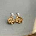 White Pearl Stud Gold Shell Jacket Two Way Earrings view 2