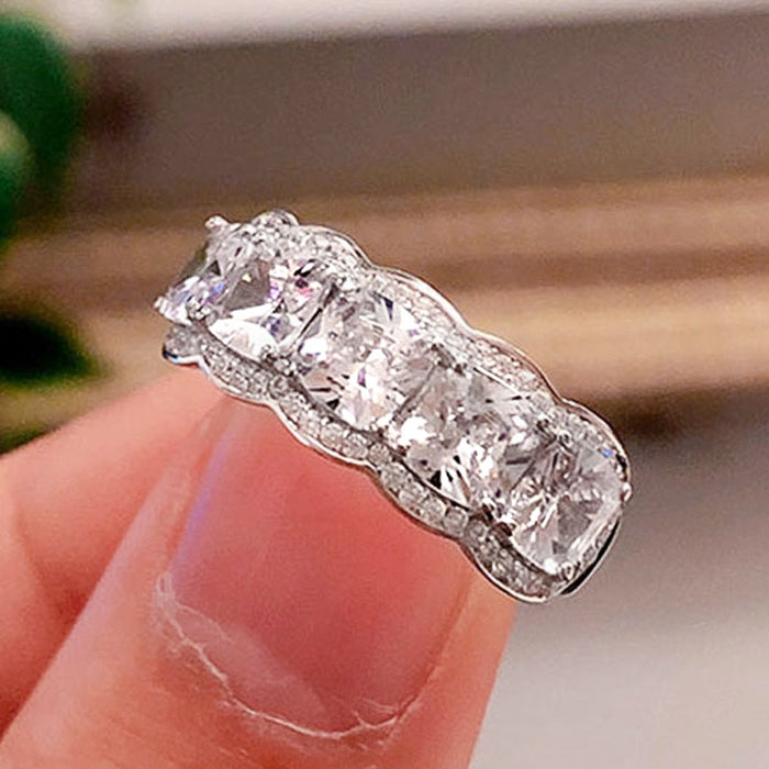 Silver-Tone Five Cushion Cubic Zirconia Brass Band Ring, Sizes 6-10