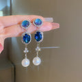 Silver Tone Blue Crystal Necklace And Earrings With Pearl Drops view 7