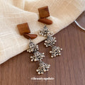 Brown Wood Square Stud Earrings with Silver Tone Floral Tassels view 4
