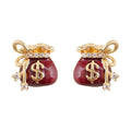 Wine Red Enamel Money Bag Stud Earrings Gold Dollar Sign view 5