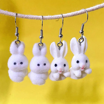 White Flocked Rabbit Figure Drop Earrings 2 Styles